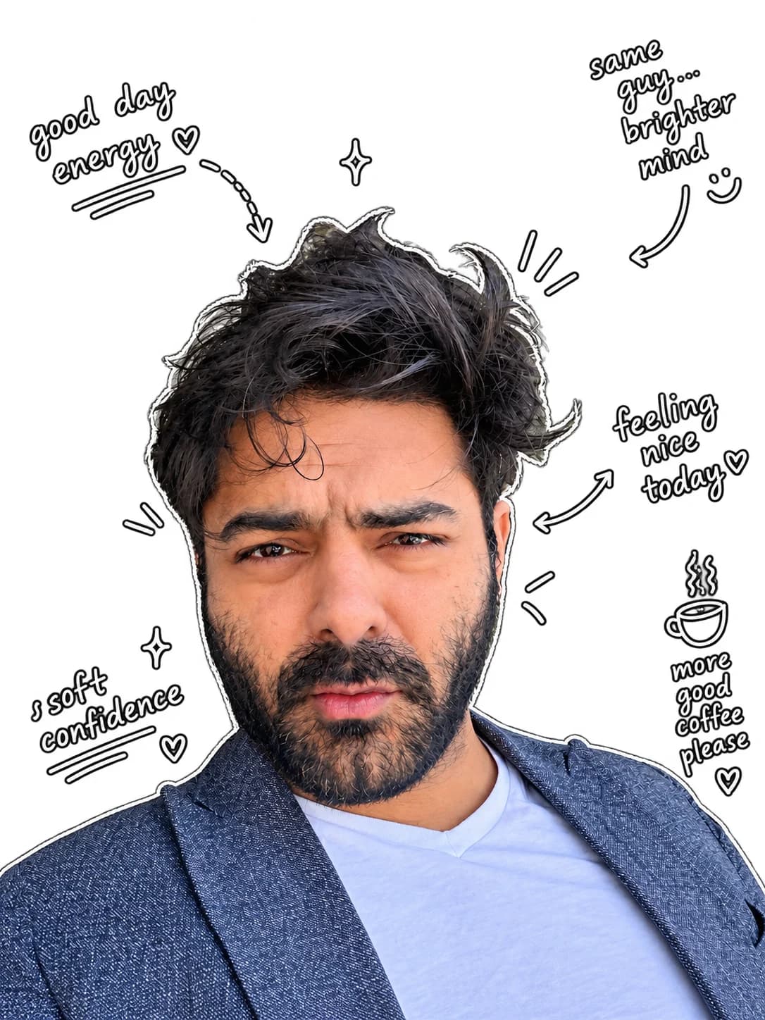 Sahil, cut out like a sticker, surrounded by hand-drawn notes: good day energy, same guy, brighter mind, feeling nice today, soft confidence, more good coffee please.